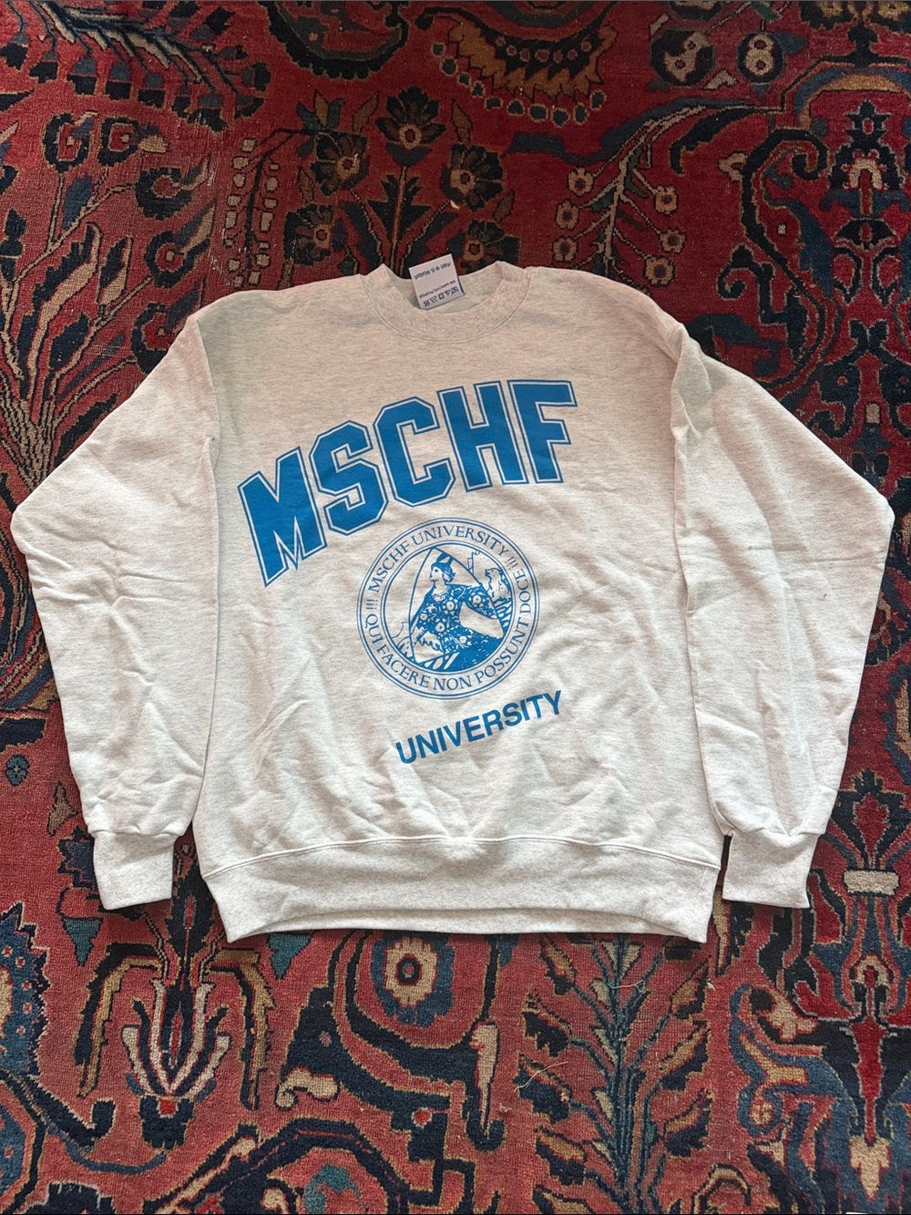 MSCHF University Crewneck Sweatshirt in Light Gray with Blue Logo